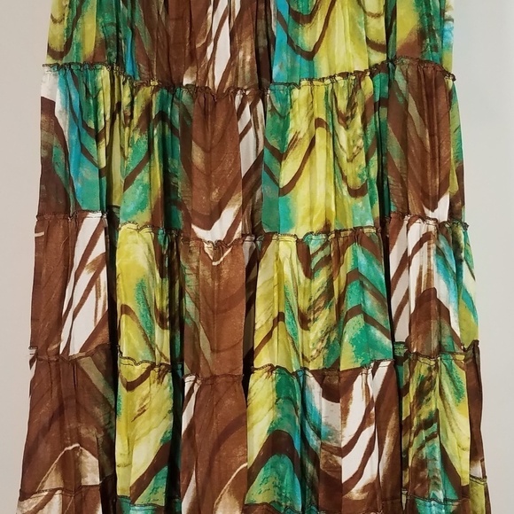 NWT brown teal green white tiered maxi skirt sz 8 - Picture 1 of 8